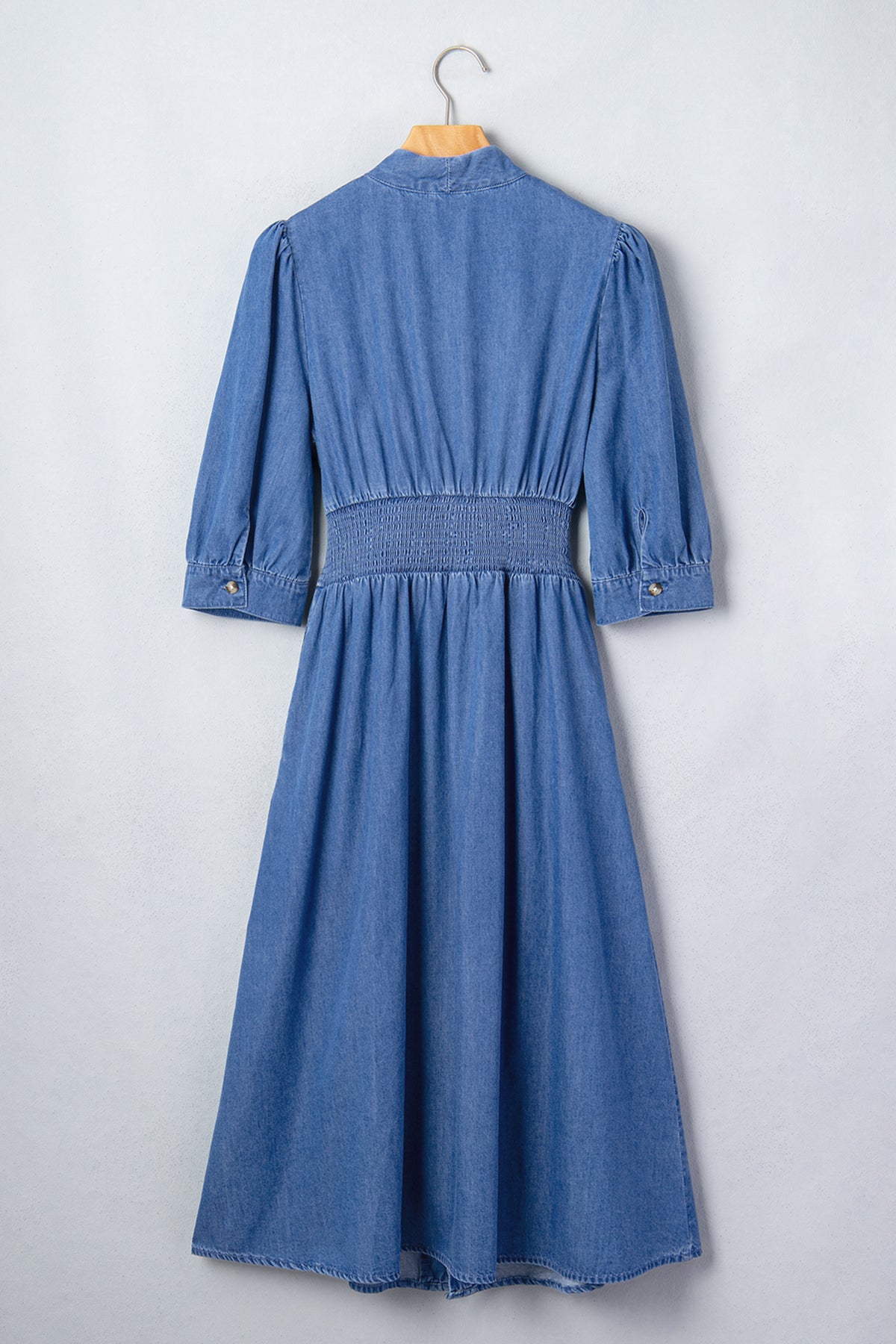 Blue 100% Cotton V Neck Shirred Waist Metal Zipper Denim Midi Dress
