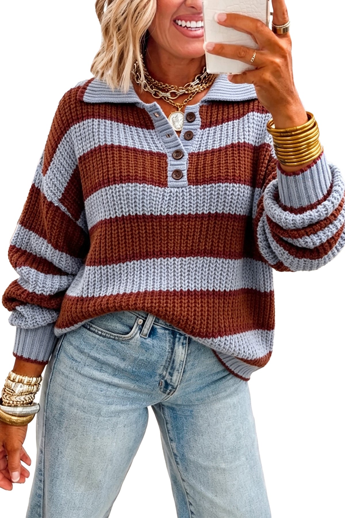 Racing Red Button Collar Dropped Shoulder Relaxed Pullover Sweater