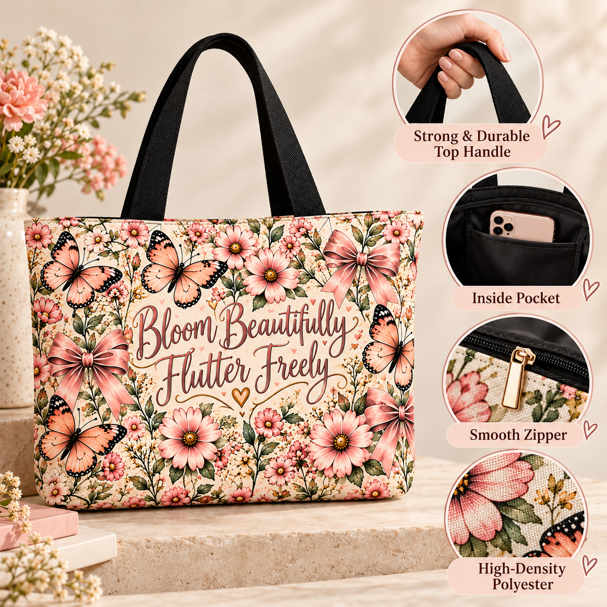 Bloom & Flutter Butterfly Tote Bag – Pink Floral & Bow Shoulder Bag