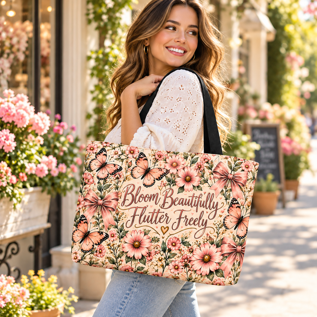Bloom & Flutter Butterfly Tote Bag – Pink Floral & Bow Shoulder Bag