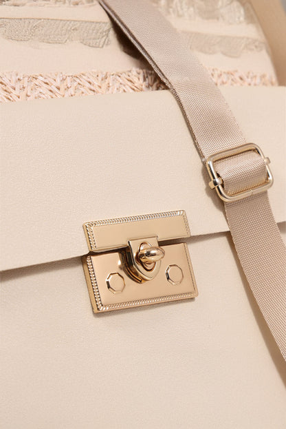 Beige Leather Pocket Patchwork Staw Woven Shoulder Bag