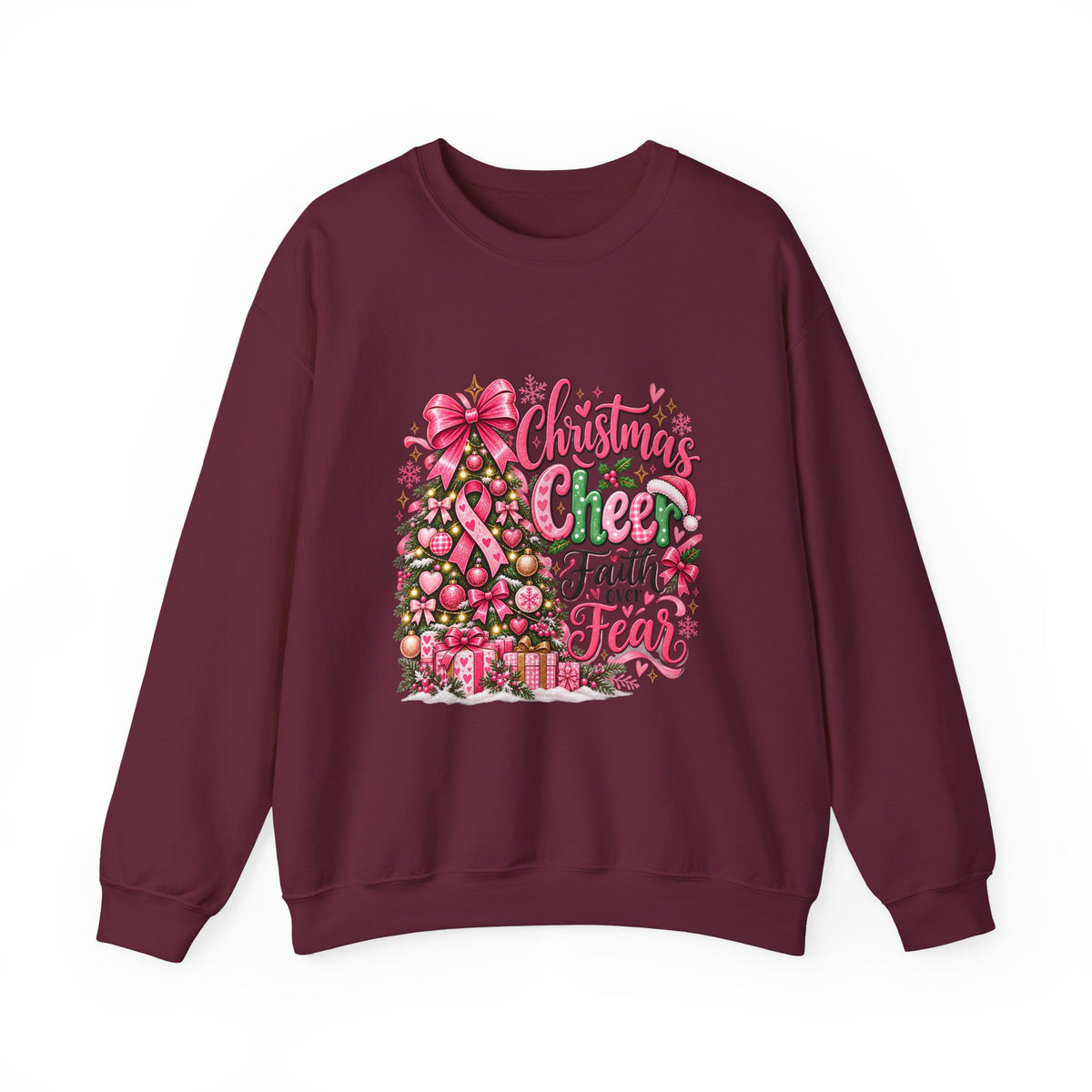 Christmas Cheer Crewneck Sweatshirt – "Faith Over Fear" Pink Tree Holiday Pullover