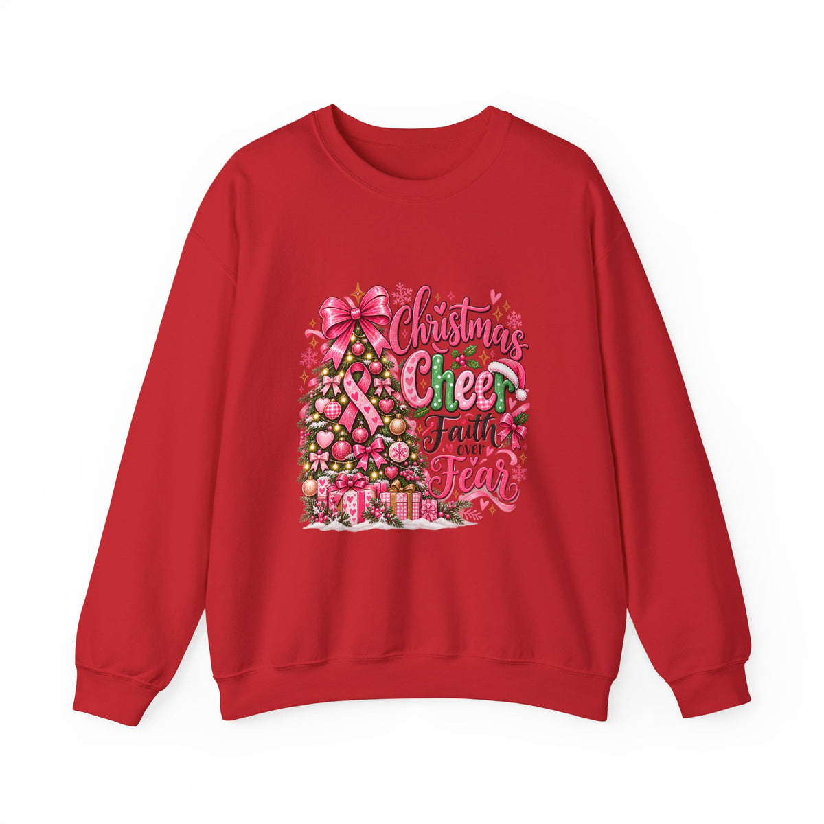 Christmas Cheer Crewneck Sweatshirt – "Faith Over Fear" Pink Tree Holiday Pullover
