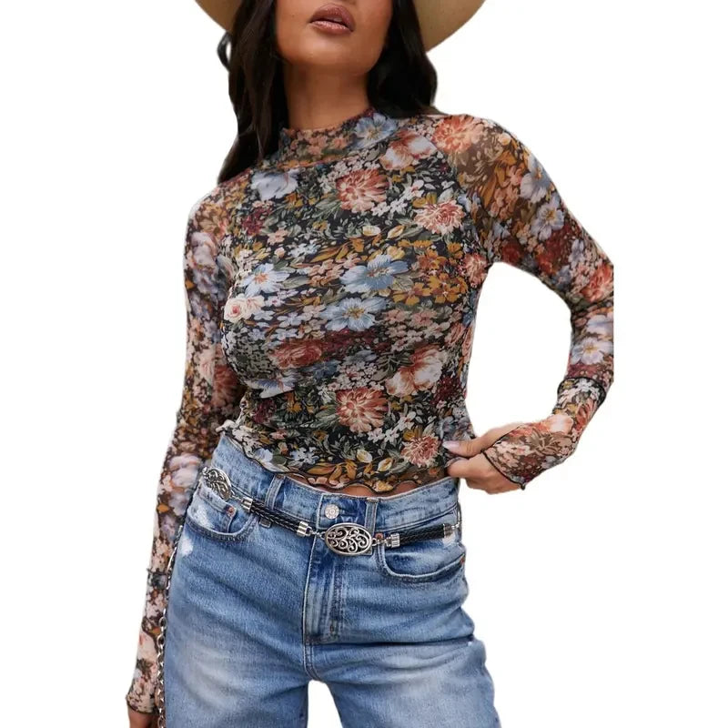 Rose Print Mesh Top