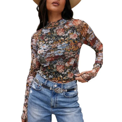 Rose Print Mesh Top