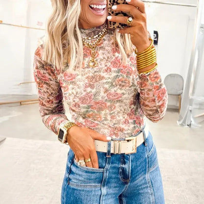 Rose Print Mesh Top