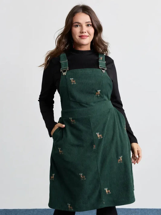 Corduroy Embroidered Knee Dress