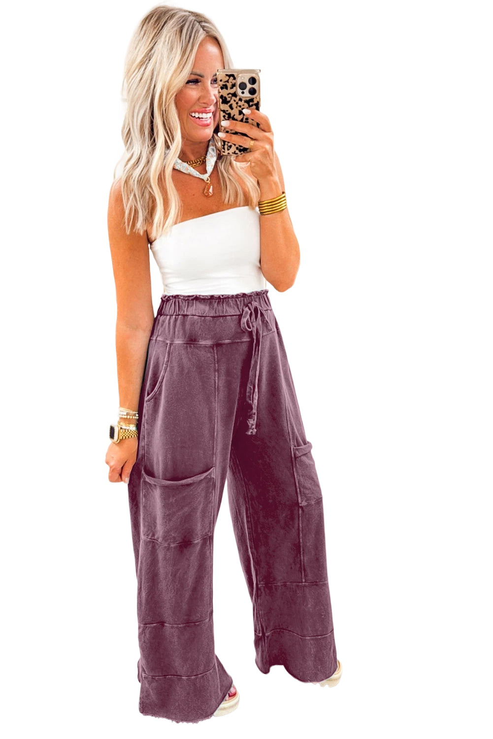 Wild Ginger 100% Cotton Mineral Wash Lace-up High Waist Raw Hem Patched Pocket Pants