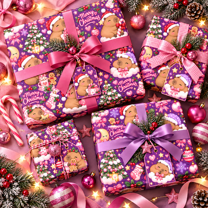 Cute Purple Capybara Christmas Wrapping Paper 3Pack Gift Wrapping Paper Sheets