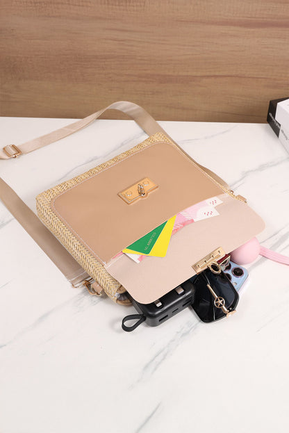 Beige Leather Pocket Patchwork Staw Woven Shoulder Bag