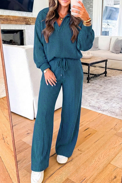 Racing Red Ribbed Knit Collar V Neck Pullover Drawstring Waist Pants 2pcs Set