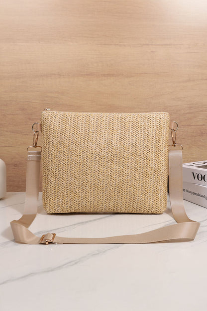 Beige Leather Pocket Patchwork Staw Woven Shoulder Bag