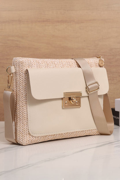 Beige Leather Pocket Patchwork Staw Woven Shoulder Bag