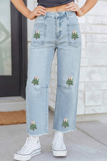 Beau Blue Sequin Christmas Tree Ankle Straight Jeans with Patched Pockets