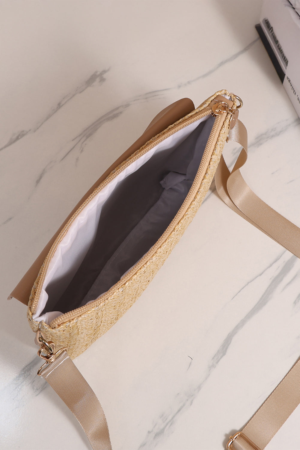 Beige Leather Pocket Patchwork Staw Woven Shoulder Bag
