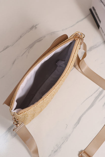 Beige Leather Pocket Patchwork Staw Woven Shoulder Bag