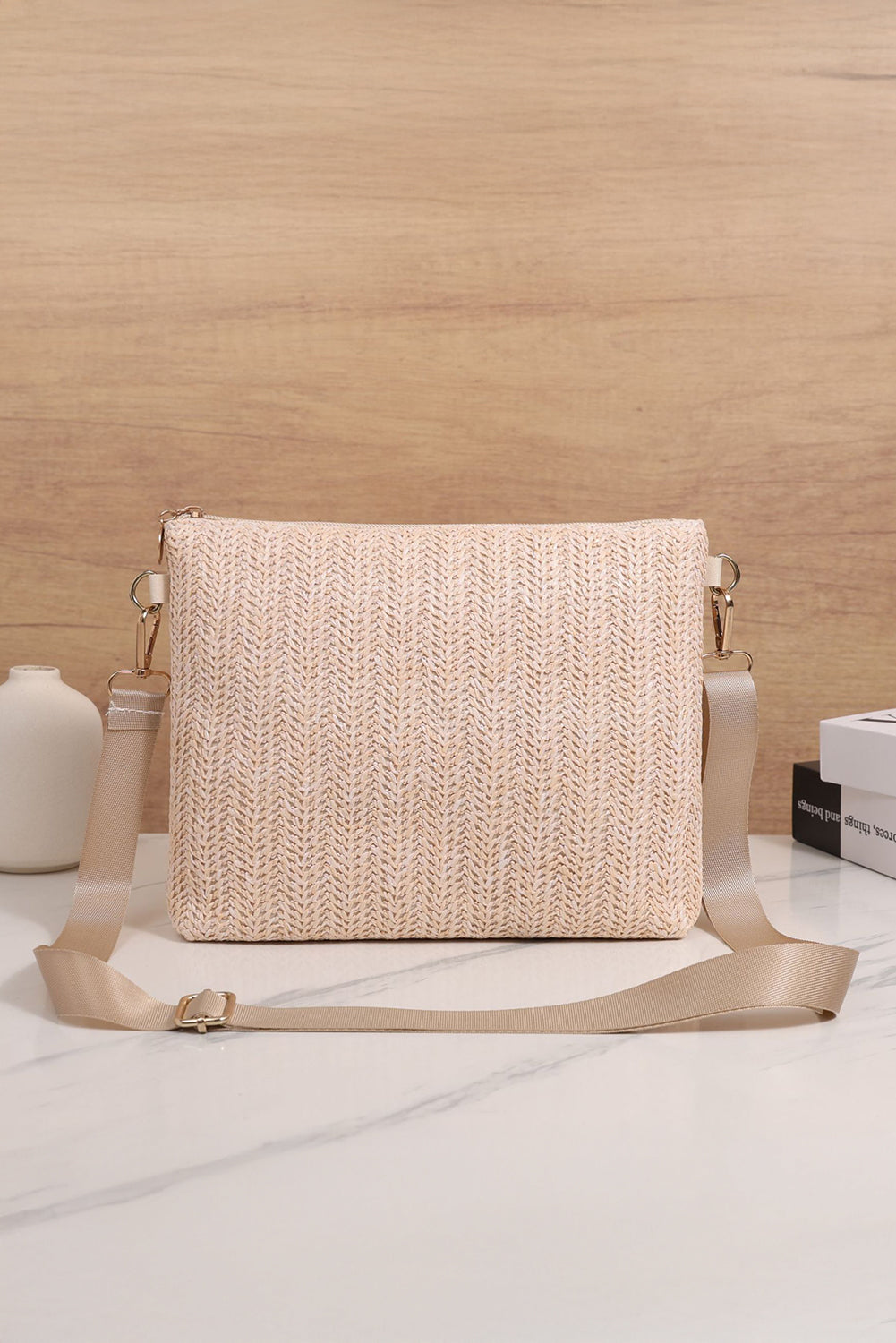 Beige Leather Pocket Patchwork Staw Woven Shoulder Bag