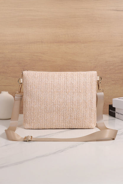 Beige Leather Pocket Patchwork Staw Woven Shoulder Bag