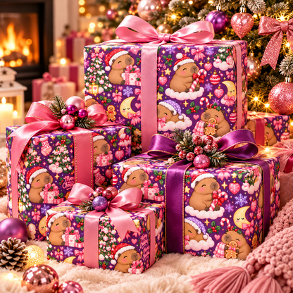Cute Purple Capybara Christmas Wrapping Paper 3Pack Gift Wrapping Paper Sheets