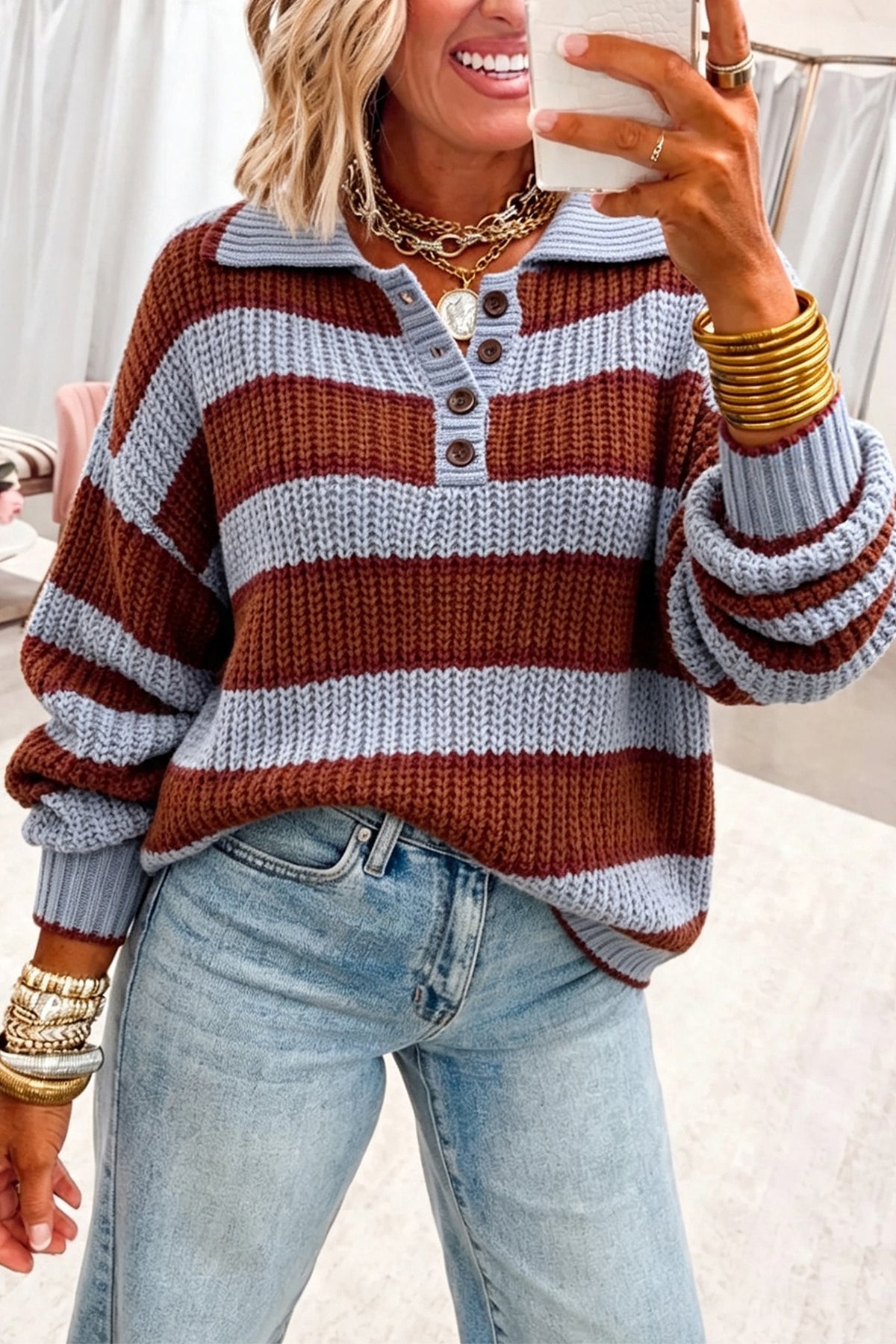 Racing Red Button Collar Dropped Shoulder Relaxed Pullover Sweater
