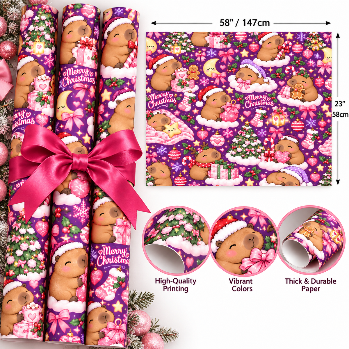 Cute Purple Capybara Christmas Wrapping Paper 3Pack Gift Wrapping Paper Sheets