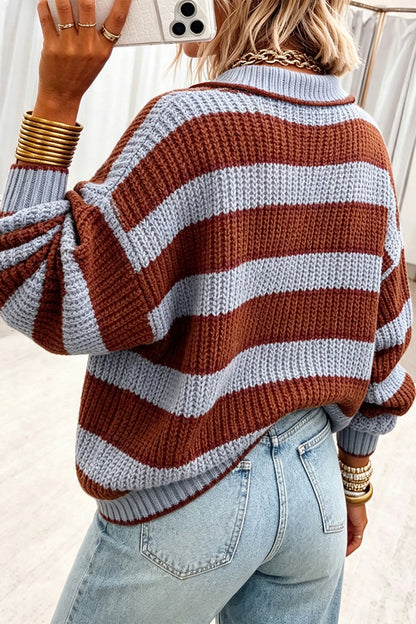 Racing Red Button Collar Dropped Shoulder Relaxed Pullover Sweater