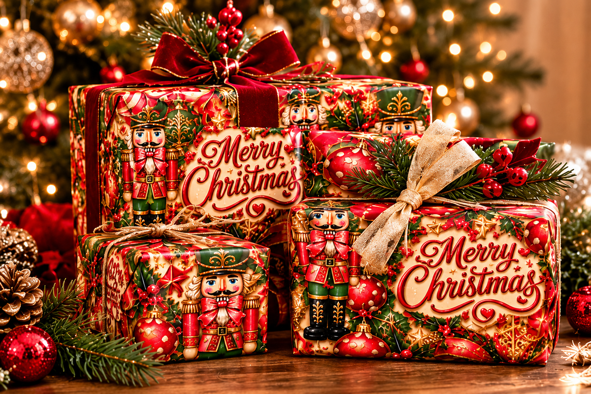 Merry Christmas Nutcracker Holiday Wrapping Paper – Red, Green & Gold 3-Sheet Set