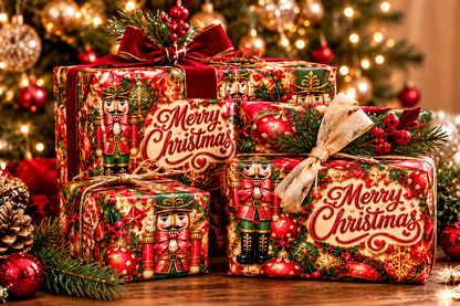 Merry Christmas Nutcracker Holiday Wrapping Paper – Red, Green & Gold 3-Sheet Set