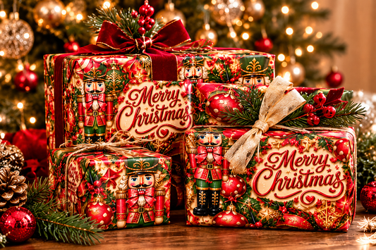 Merry Christmas Nutcracker Holiday Wrapping Paper – Red, Green & Gold 3-Sheet Set