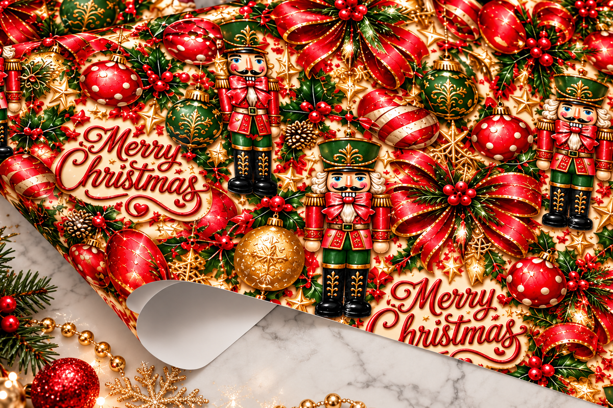 Merry Christmas Nutcracker Holiday Wrapping Paper – Red, Green & Gold 3-Sheet Set