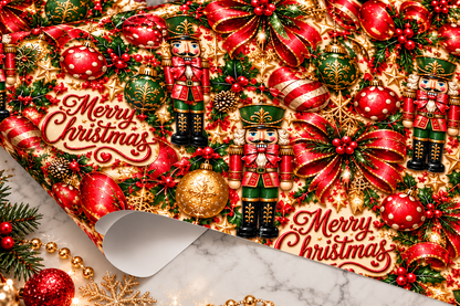Merry Christmas Nutcracker Holiday Wrapping Paper – Red, Green & Gold 3-Sheet Set
