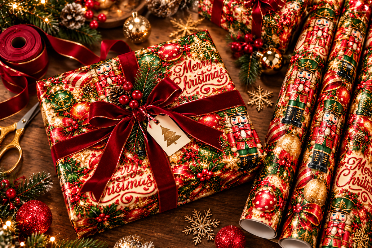 Merry Christmas Nutcracker Holiday Wrapping Paper – Red, Green & Gold 3-Sheet Set