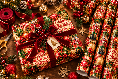 Merry Christmas Nutcracker Holiday Wrapping Paper – Red, Green & Gold 3-Sheet Set