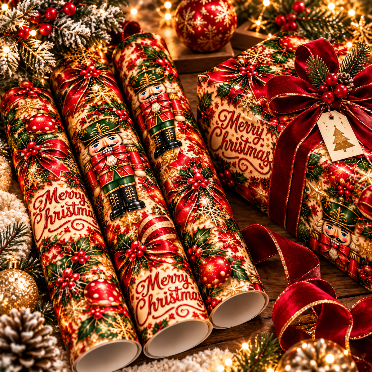 Merry Christmas Nutcracker Holiday Wrapping Paper – Red, Green & Gold 3-Sheet Set