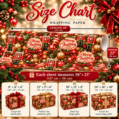 Merry Christmas Nutcracker Holiday Wrapping Paper – Red, Green & Gold 3-Sheet Set