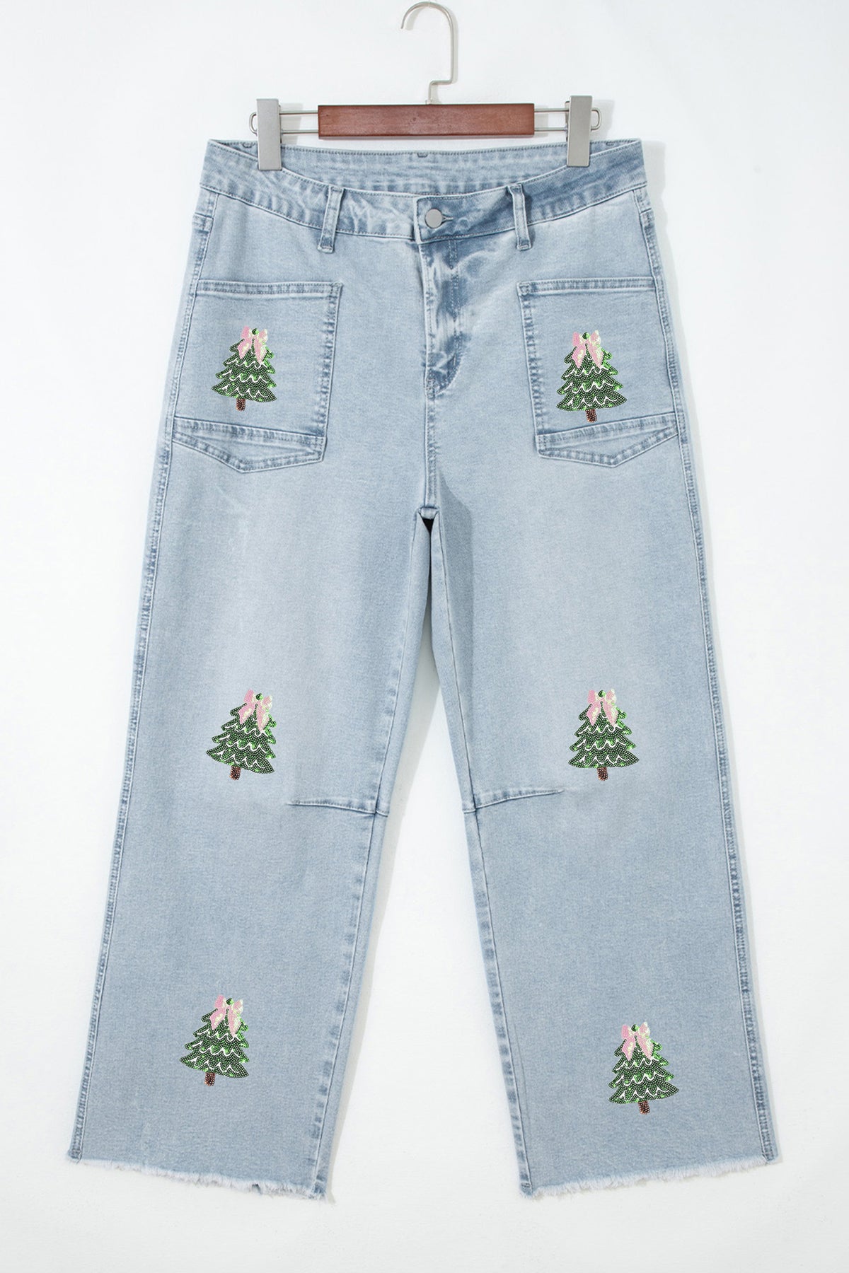 Beau Blue Sequin Christmas Tree Ankle Straight Jeans with Patched Pockets