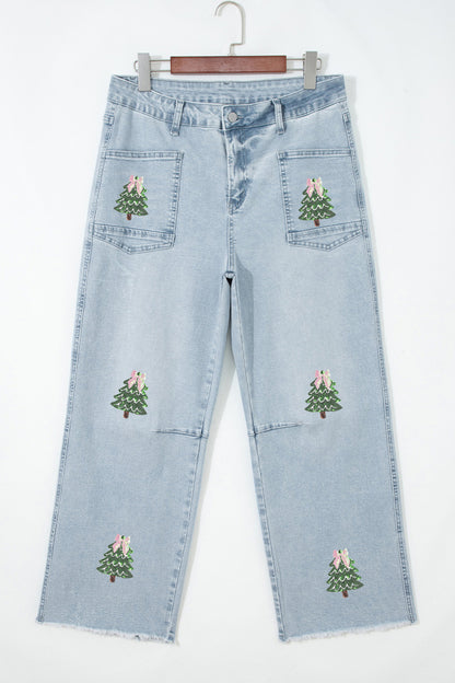 Beau Blue Sequin Christmas Tree Ankle Straight Jeans with Patched Pockets
