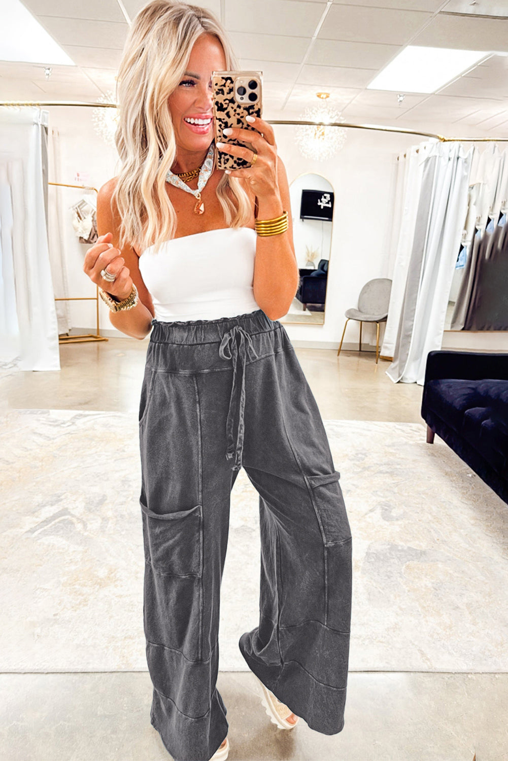 Wild Ginger 100% Cotton Mineral Wash Lace-up High Waist Raw Hem Patched Pocket Pants