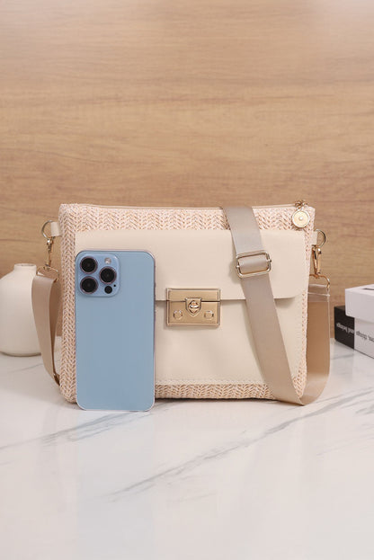 Beige Leather Pocket Patchwork Staw Woven Shoulder Bag