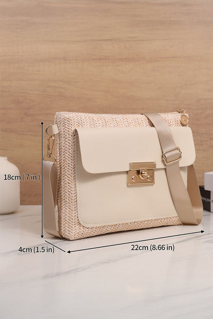 Beige Leather Pocket Patchwork Staw Woven Shoulder Bag