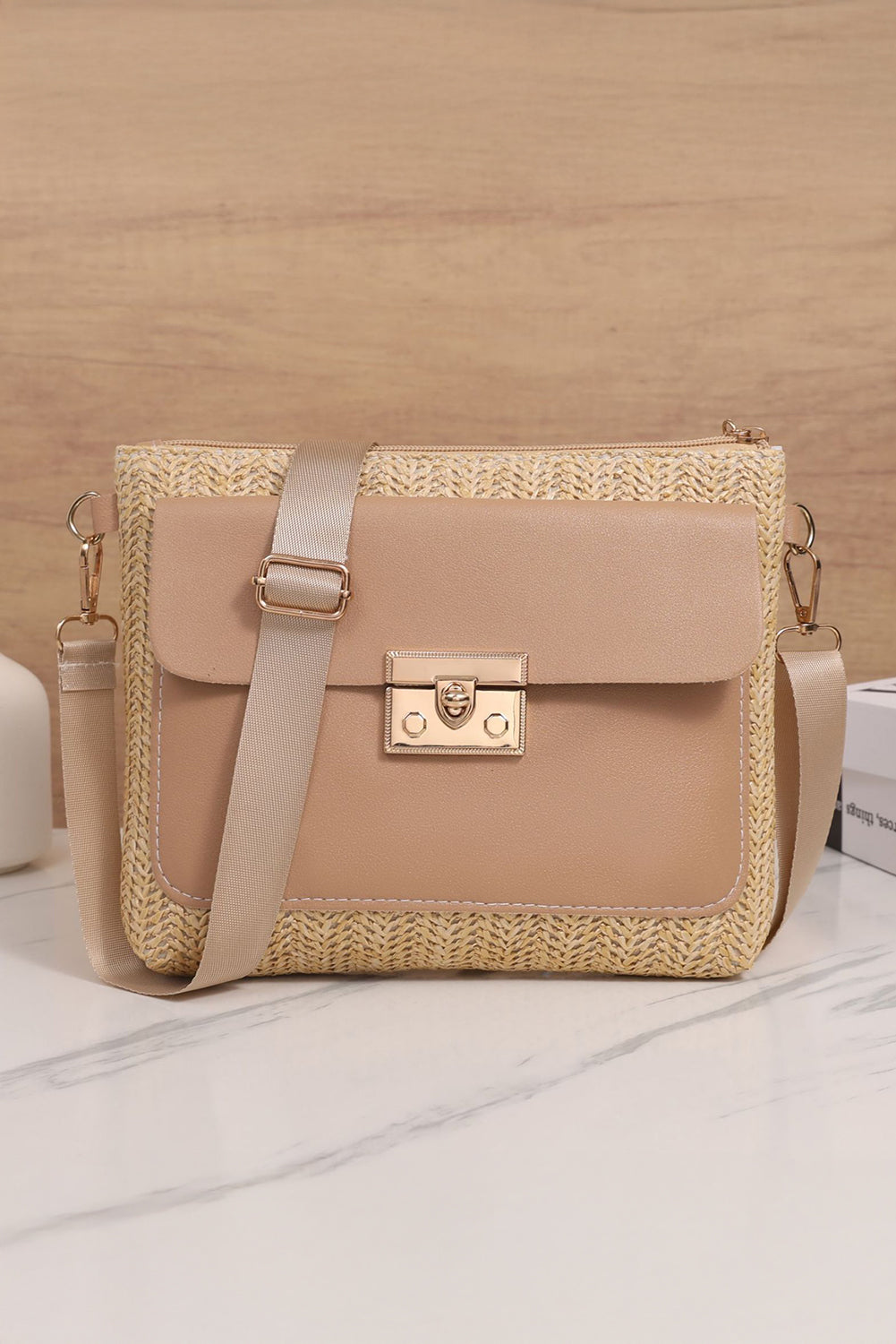 Beige Leather Pocket Patchwork Staw Woven Shoulder Bag