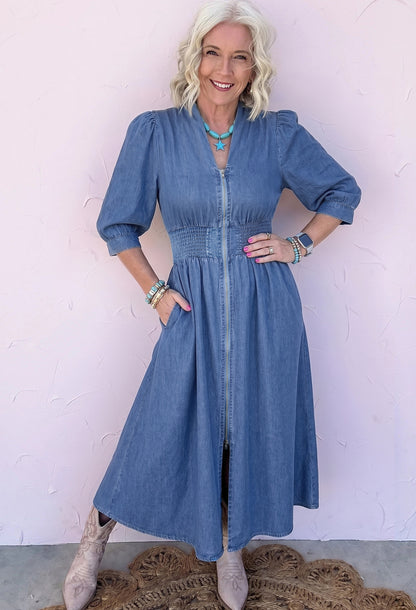 Blue 100% Cotton V Neck Shirred Waist Metal Zipper Denim Midi Dress