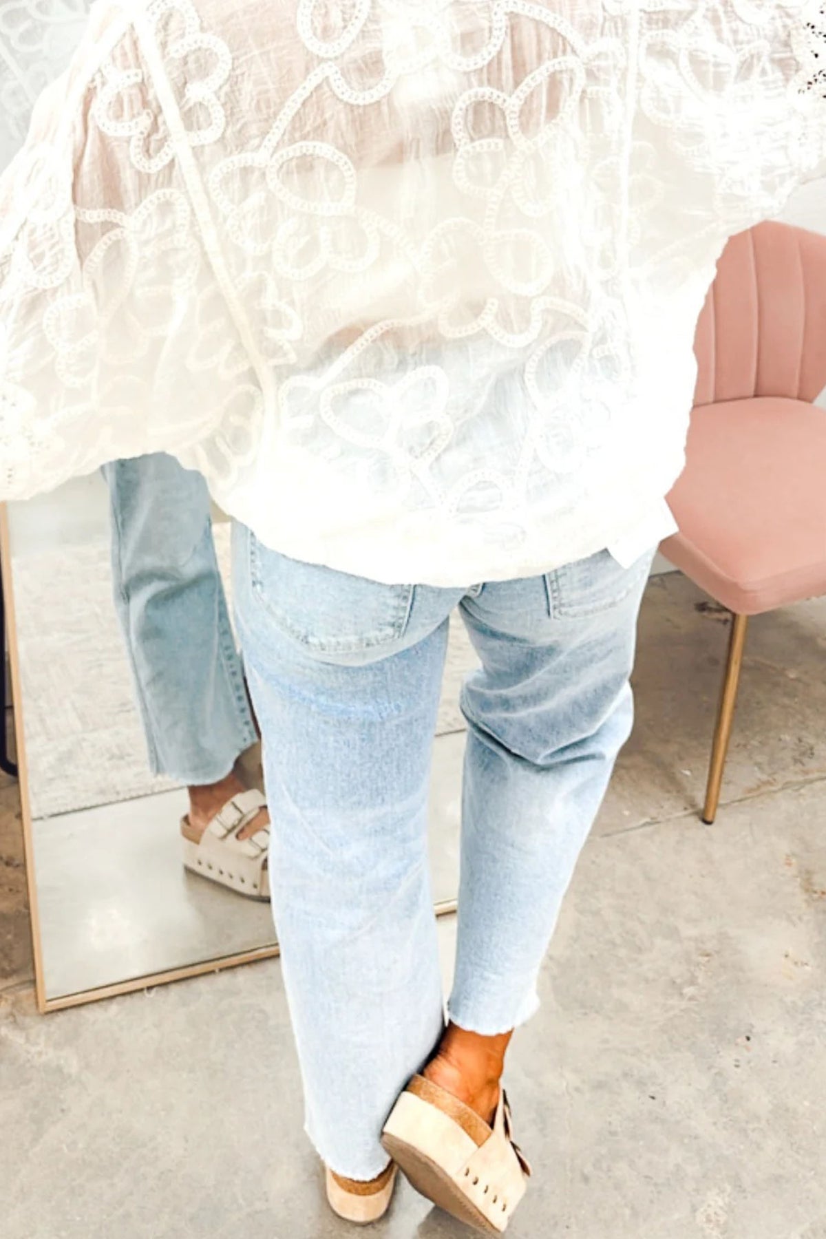 Beau Blue Sequin Christmas Tree Ankle Straight Jeans with Patched Pockets