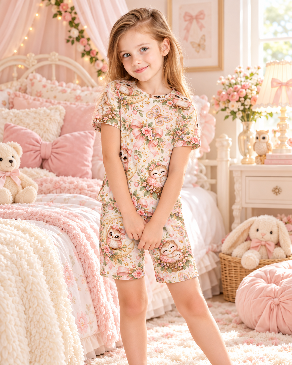 🦉💕 Little Hoots & Sweet Dreams – Girls' Floral Owl Pajama Set