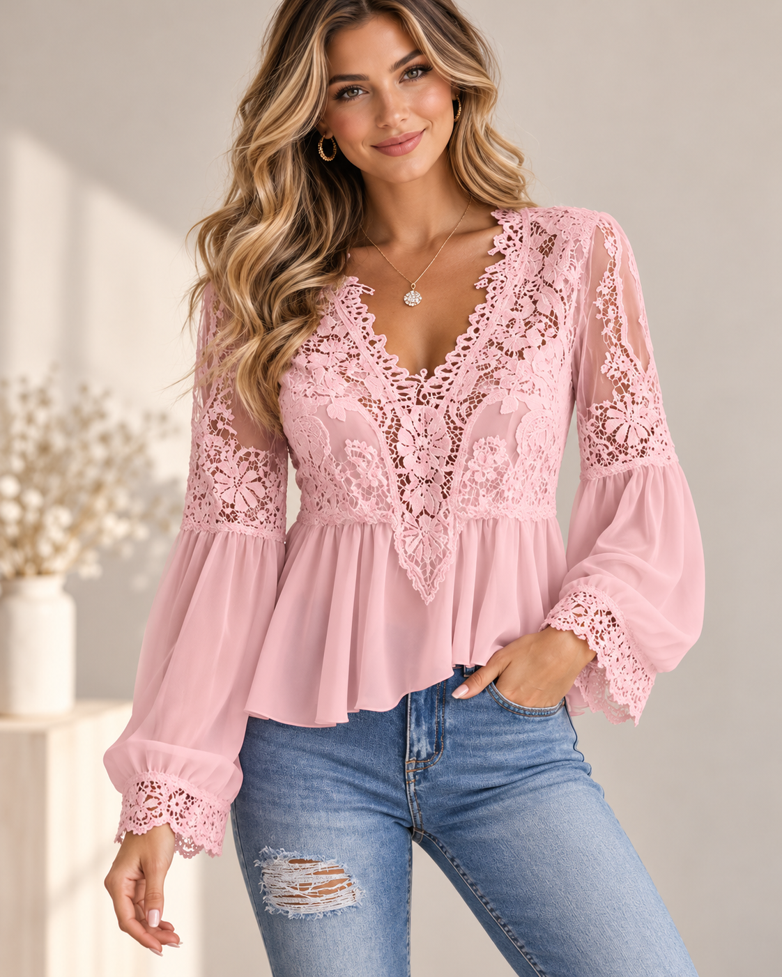Lace V-Neck Long Sleeve Blouse with Peplum Hem