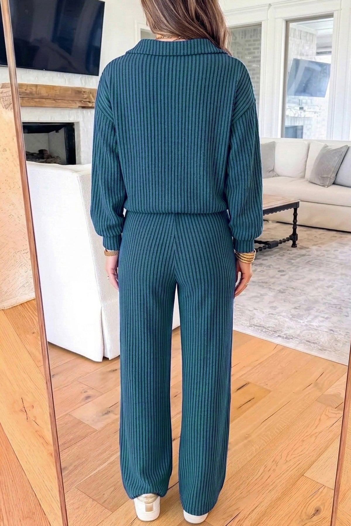 Racing Red Ribbed Knit Collar V Neck Pullover Drawstring Waist Pants 2pcs Set