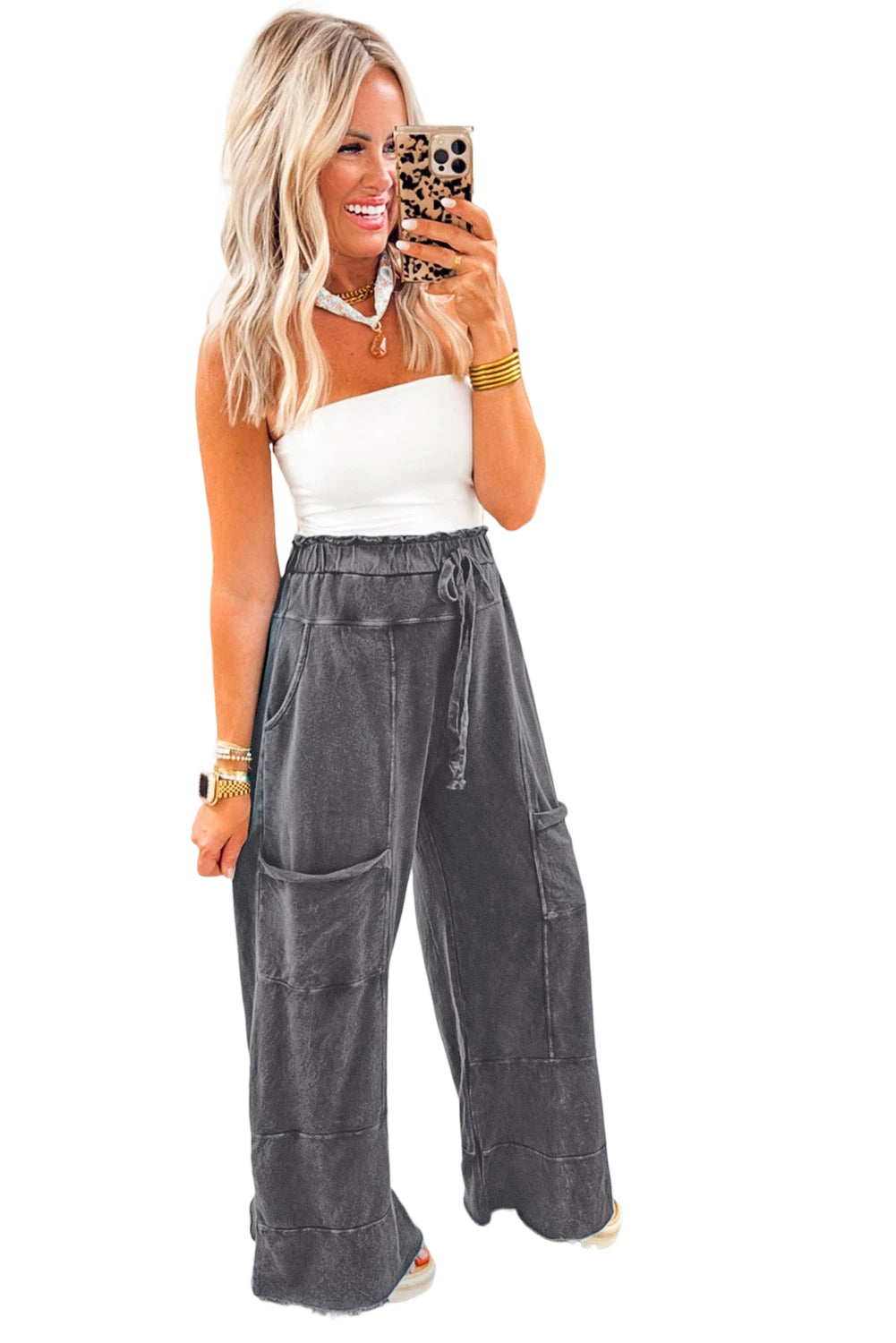 Wild Ginger 100% Cotton Mineral Wash Lace-up High Waist Raw Hem Patched Pocket Pants