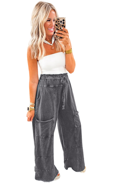 Wild Ginger 100% Cotton Mineral Wash Lace-up High Waist Raw Hem Patched Pocket Pants