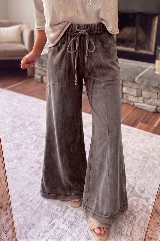Coffee 100% Cotton Mineral Wash Seam Detail Flare Leg Drawstring Pants