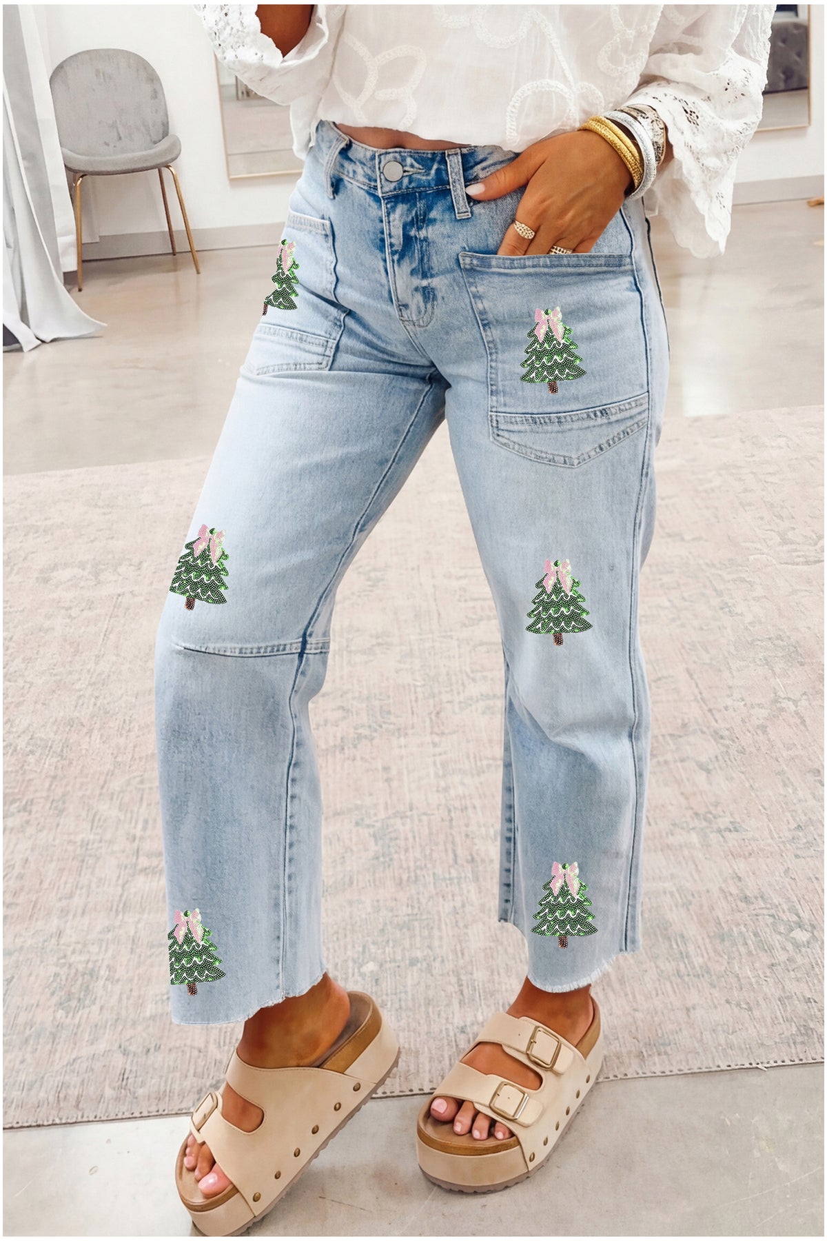 Beau Blue Sequin Christmas Tree Ankle Straight Jeans with Patched Pockets